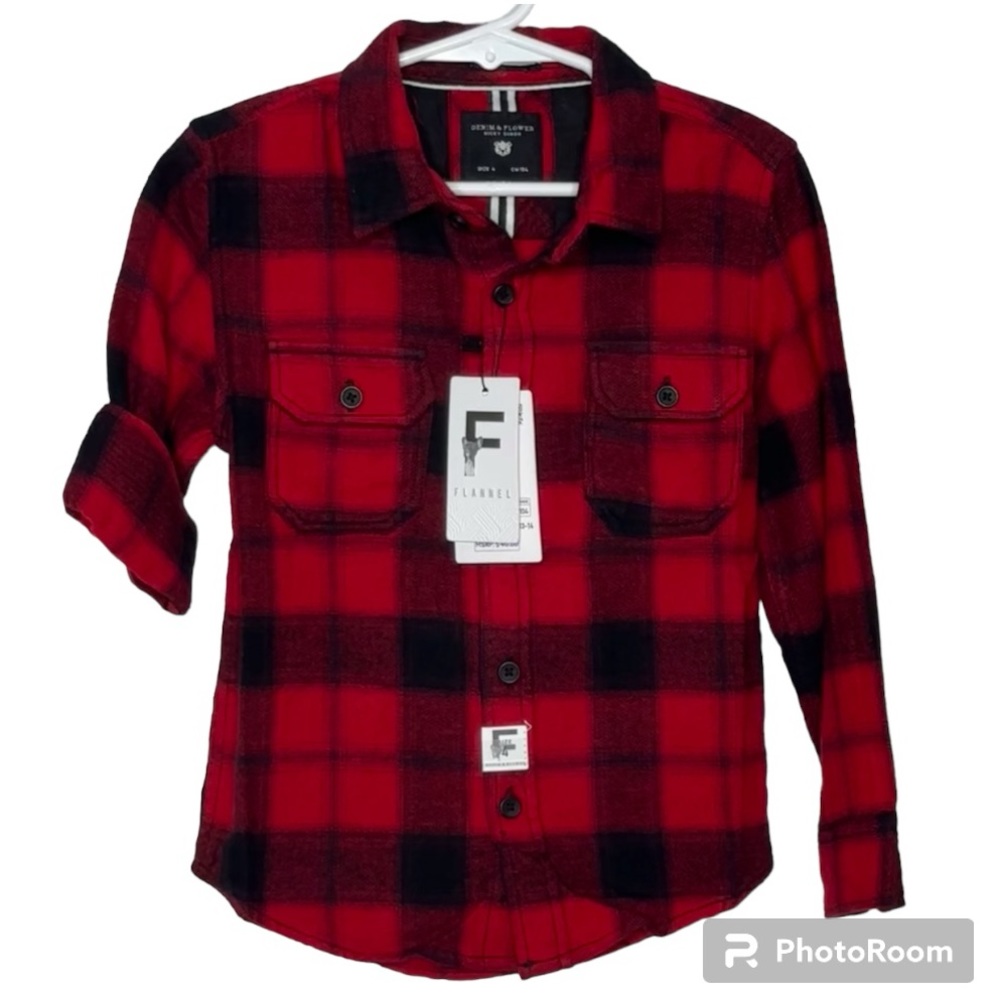 NWT Denim & Flower Ricky Singh Boys Red and Black Buffalo Plaid Flannel Shirt 4